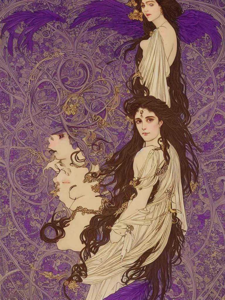 Image similar to thanatos, god of peaceful death, closed eyes, long hair, wearing ornate silk and lace clothes, gold jewelry, moon, purple feathers, by Alphonse Mucha, by artgerm, rule of thirds, super detailed, 8k