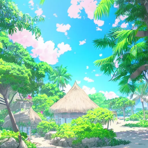 Prompt: a beautiful graphic contour outline render of a dreamy tropical anime island paradise by makoto shinkai, pink accents, soft details, graphic art