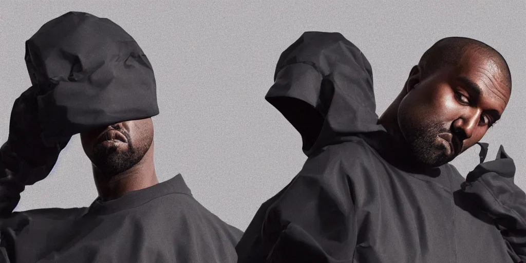 Image similar to kanye west using a full face covering black mask, a small, tight, undersized reflective bright blue round puffer jacket made of nylon, reflective jeans pants made of nylon and big black balenciaga rubber boots in 3 d, blender, octane render, 3 d render, realistic, unreal engine, trending on sketchfab, studio light, 4 k, 8 k