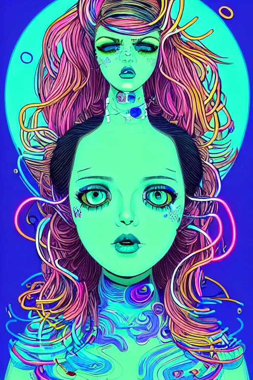 Image similar to a award winning portrait of a beautiful woman with stunning eyes in a one off shoulder croptop and cargo pants with rainbow colored hair, outlined by whirling illuminated neon lines and fine lines swirling in circles by joe fenton, digital art, trending on artstation