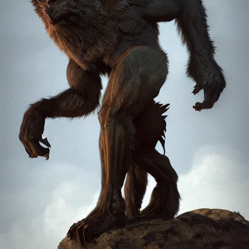 Image similar to werewolf staring at you, 3d scene, render, ultra realistic, zenith view, Frank Frazetta, Richard Corben, Moebius, Greg Rutkowski, artstation, cgsociety, level design, unreal engine, 3d scene, render, ultra realistic