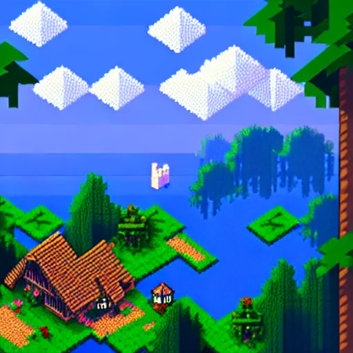 Prompt: view of a cottage above an azure lake, beautiful game pixelart, by thomas feichtmeir ( cyangmou ), by kirokaze, by waneella, by albertov, intricate details, beautiful pixelart, volumetric lighting, cgsociety, artstation