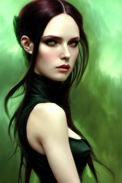 Image similar to portrait of a dark fantasy seductive female necromancer, stylish black dress, green eyes, long red hair, fantasy, elegant, intricate, full frontal shot, highly detailed, digital painting, artstation, concept art, sharp focus, illustration, art by artgerm and greg rutkowski and alphonse mucha