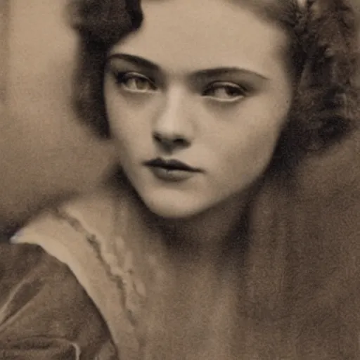 Image similar to headshot edwardian photograph of elle fanning, scarlett johansson, 1 9 2 0 s film actress, realistic face, 1 9 1 0 s, grainy, victorian, detailed, soft blur