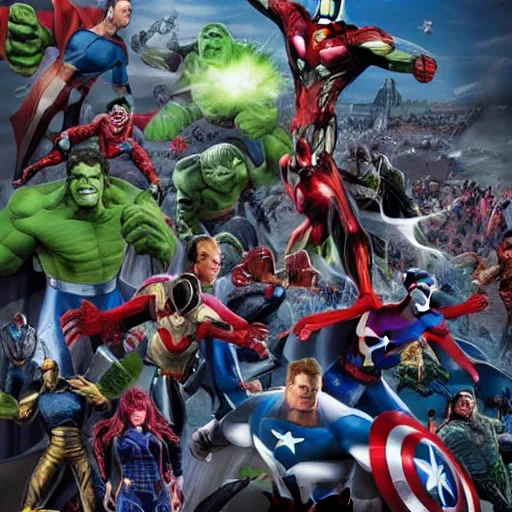 Prompt: a large-scale battle of Marvel superheroes against DC villains, hyper realism, very detailed, fantasy, epic, dramatic light, 8k resolution