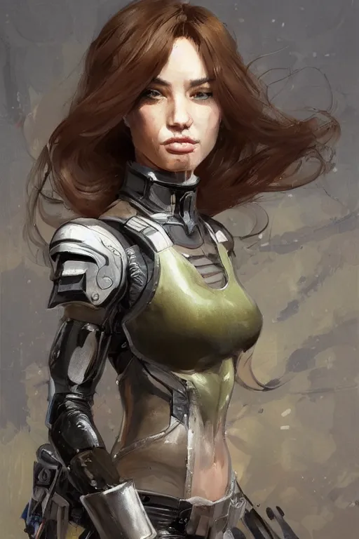 Image similar to a professionally painted portrait of an attractive young woman, clothed in military armor, olive skin, long dark hair, beautiful bone structure, symmetrical facial features, intricate, elegant, digital painting, trending on Artstation, concept art, smooth, sharp focus, illustration, from Metal Gear by Ruan Jia and Mandy Jurgens and Artgerm and William-Adolphe Bouguerea, award winning