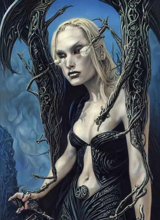 Prompt: demon sorceress by gerald brom, dark fantasy, oil painting, intricate detail, elegant, sharp focus