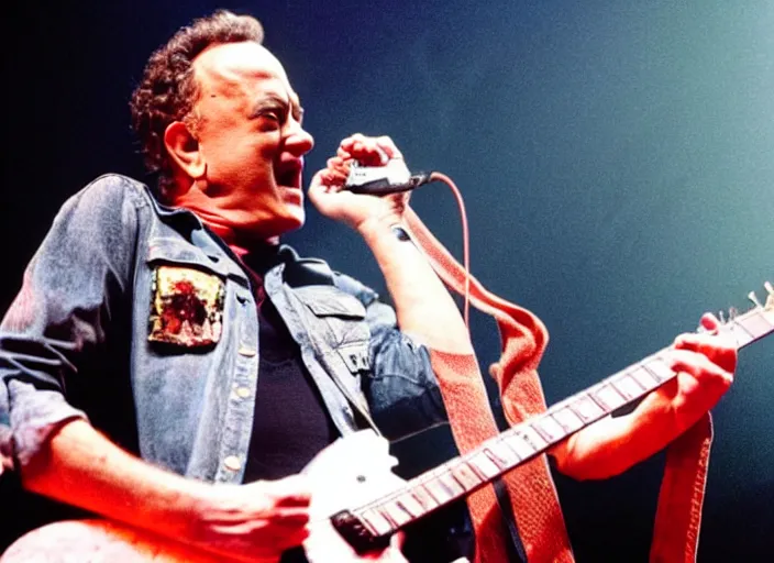 Image similar to publicity photo still of tom hanks in guns n roses playing live on stage, 8 k, live concert lighting, mid shot