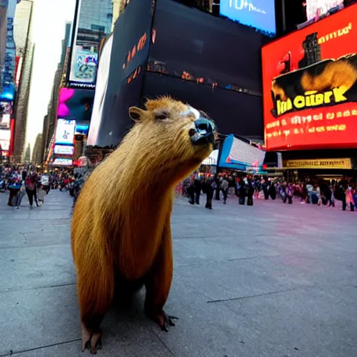 Prompt: a giant capybara standing in Times Square