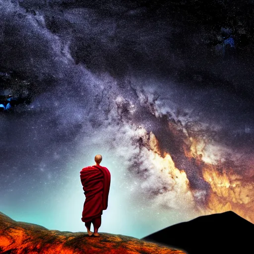 Image similar to high definition render of a monk on top of a mountain, full moon, milky way, galaxy, buddhism, 8 k, symbolic, global illumination, raytracing