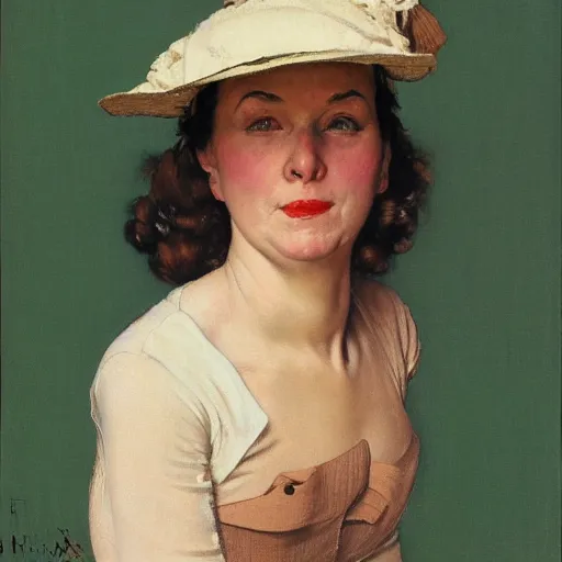 Image similar to frontal portrait of a woman with a hat that covers her eyes, by norman rockwell