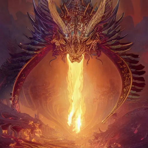 Prompt: an ornately decorated evil black dragon setting an ancient fantast city on fire in the desert, art by artgerm and greg rutkowski and magali villeneuve and alphonse mucha and rossdraws and makoto shinkai, d & d, fantasy, highly detailed, digital painting, trending on artstation, concept art, sharp focus, illustration