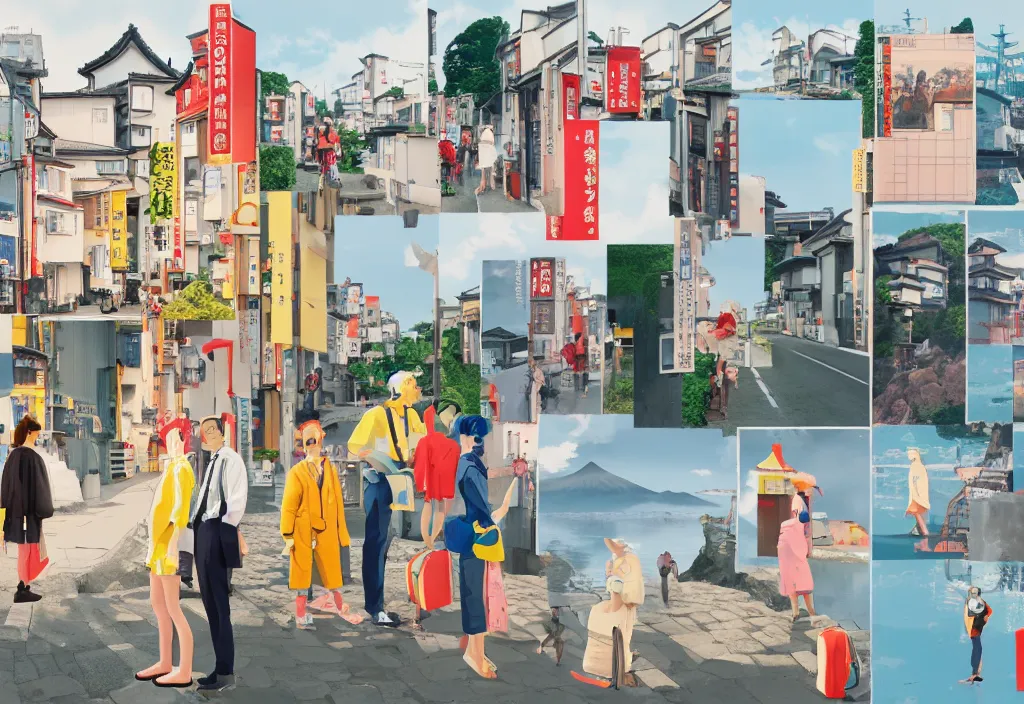 Image similar to a row of several european sightseeing tourists standing with a variety of poses and props, rural japan, character designs, a collage painting, in the style of wes anderson, lola dupre, david hockney, isolated on negative white space background dark monochrome neon spraypaint accents volumetric octane render