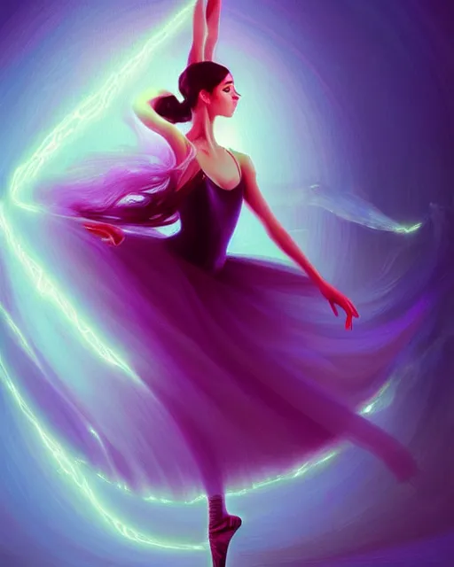 Image similar to beautiful arab woman as a ballerina, floating in mid - air, long flowing fabric, haunting, dancer, flowers, rain, lightning, storm, digital painting, illustration by james jean and tinothy kong and artgerm, volumetric lighting, realism, artstation