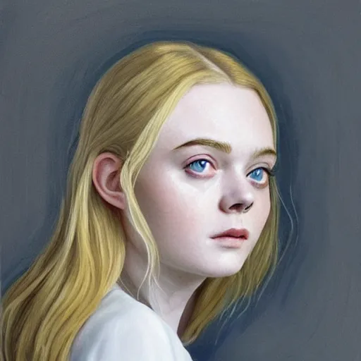 Image similar to professional painting of Elle Fanning in the style of Lee Madgwick, head and shoulders portrait, symmetrical facial features, smooth, sharp focus, illustration, intricate, stormy weather, extremely detailed masterpiece,