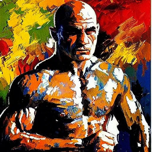 Prompt: bas rutten by leroy neiman, intricate, ultra detailed painting, atmospheric lighting, golden hour