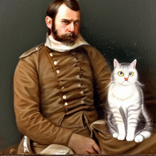 Image similar to oil painting of a civil war soldier holding a long - haired brown and white tabby cat