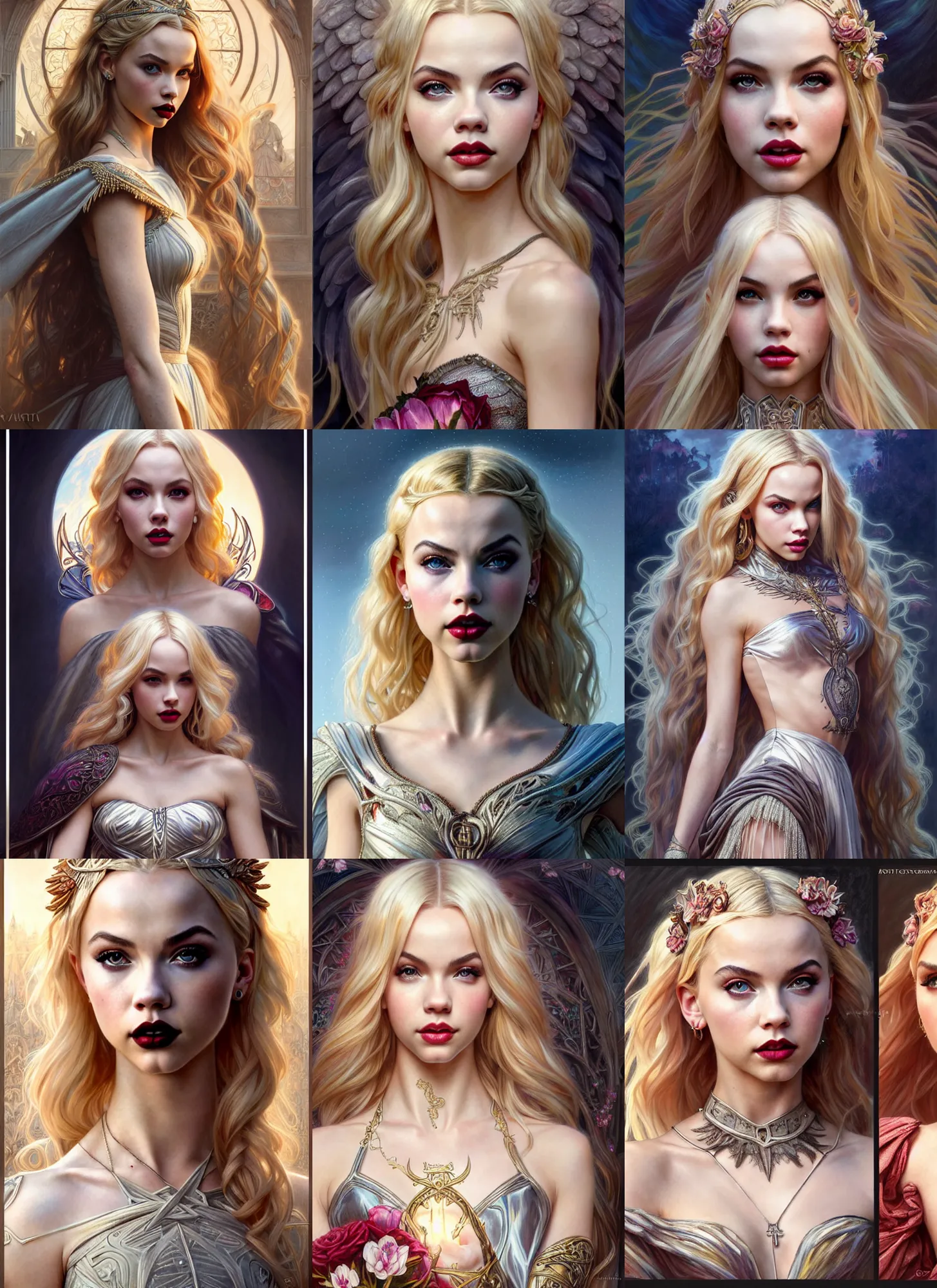 Image similar to ultra realistic illustration, a stunningly beautiful greek gothic goddess of chaos played by jordyn jones and dove cameron and margot robbie and taylor swift and megan fox, intricate, elegant, highly detailed, digital painting, artstation, concept art, smooth, sharp focus, illustration, art by artgerm and greg rutkowski and alphonse mucha