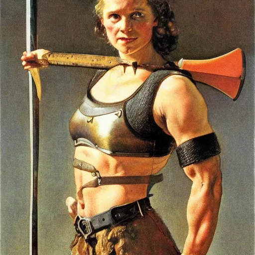 Image similar to portrait of a savage muscular barbarian female with light leather armor, by norman rockwell