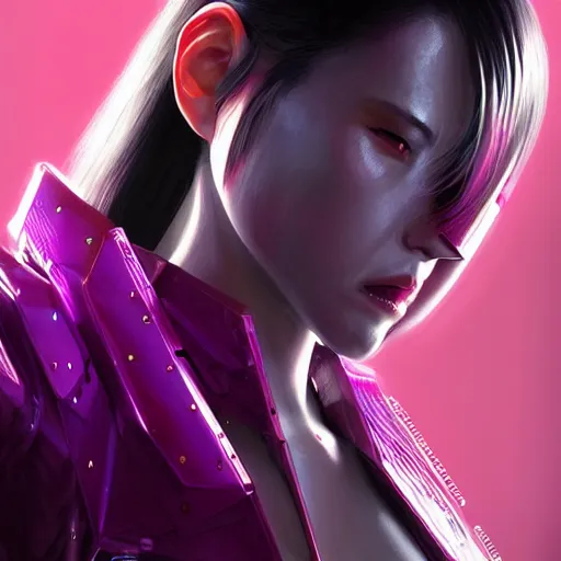 Image similar to Full body portrait of Japanese female, Cyberpunk 2077, cyborg neck, cybernetic neck implant, Wearing futuristic short violet leather jacket, intricate, elegant, highly detailed, digital painting, artstation, concept art, smooth, sharp focus, illustration, art by artgerm and greg rutkowski