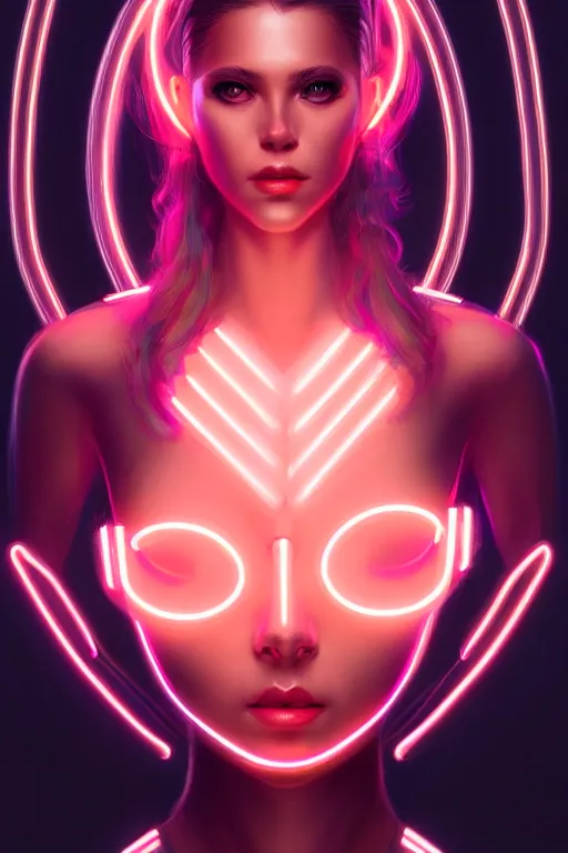 Image similar to portrait of female humanoid from 6 0 s era, intricate, elegant, cyber neon lights, highly detailed, digital painting, artstation, glamor pose, concept art, smooth, sharp focus, illustration, art by artgerm and greg rutkowski