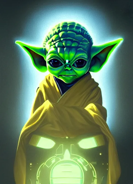 Prompt: symmetry!! portrait of baby yoda, sci - fi, tech wear, blue and yellow glowing lights!! intricate, elegant, highly detailed, digital painting, artstation, concept art, smooth, sharp focus, illustration, art by artgerm and greg rutkowski and alphonse mucha