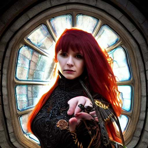 Prompt: portrait of a female human warlock ,fantasy, D&D, HDR, , natural light, medium close shot, dynamic pose, award winning photograph, Mucha style