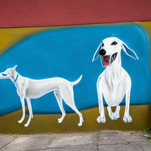 Prompt: grafitti mural of a white greyhound wearing a blue wizard hat and blue robes