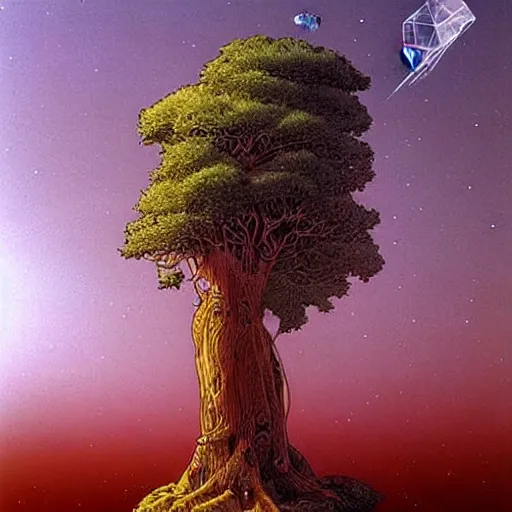 Prompt: a large tree growing from a crystal that is floating in space, by moebius