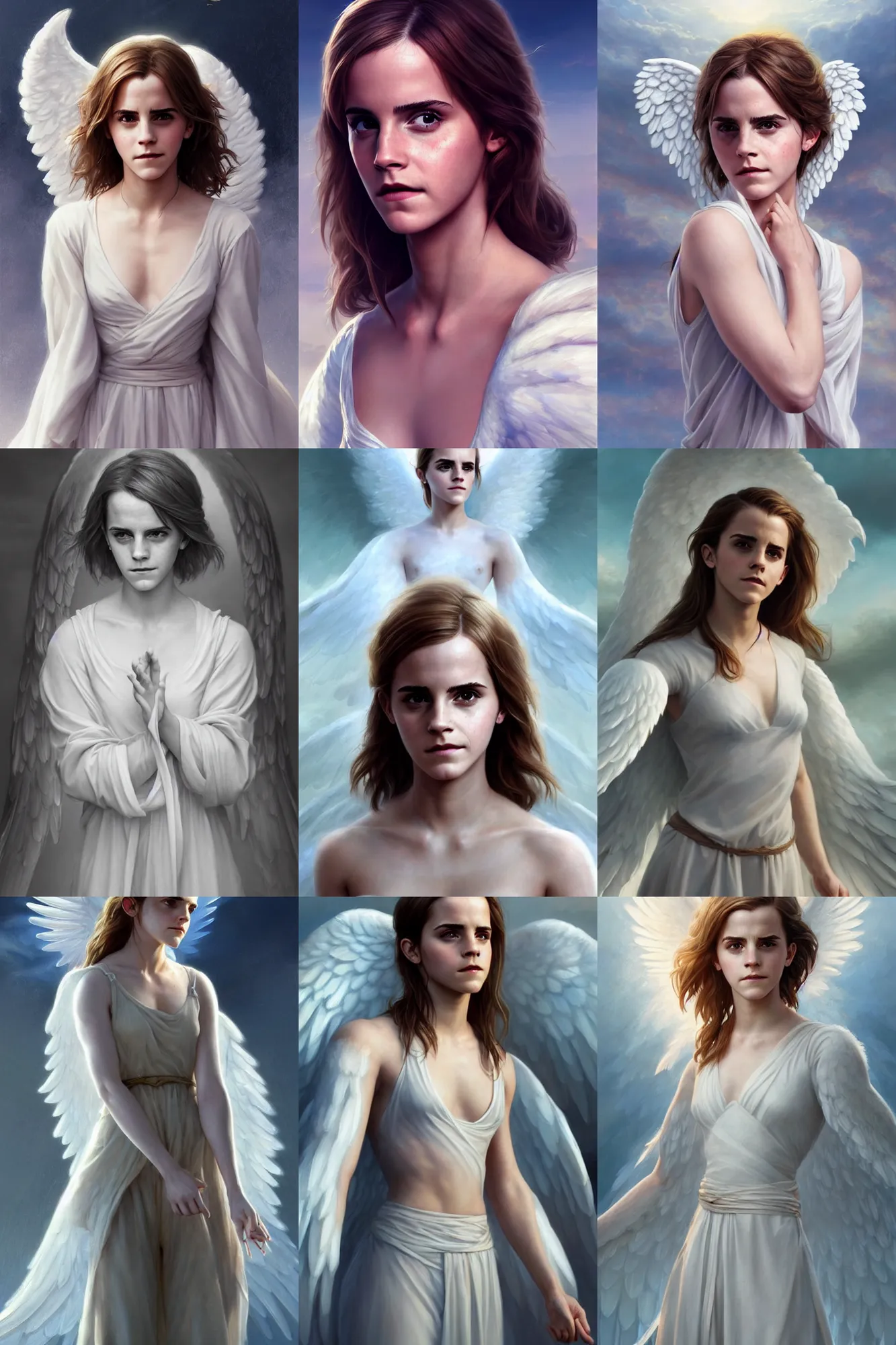 Prompt: emma watson as a heavenly angel, anatomy, only two hands, highly detailed, digital painting, artstation, concept art, smooth, sharp focus, illustration, unreal engine 5, 8 k, art by art by artgerm and greg rutkowski and edgar maxence