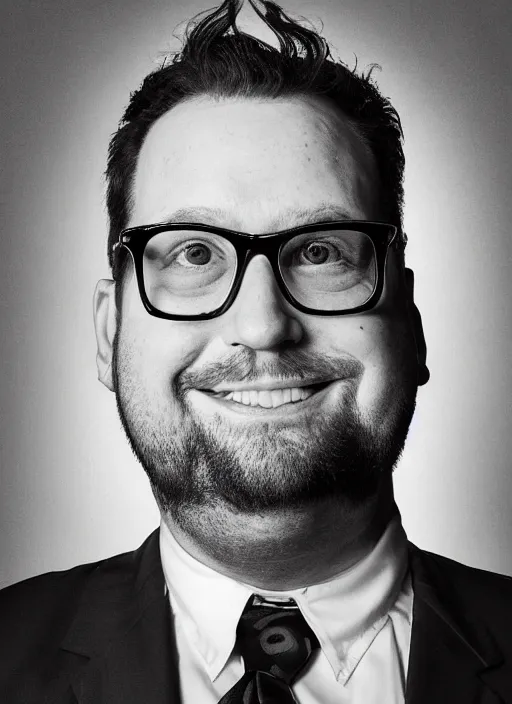 Prompt: portrait of schmitty ( josh schmitstinstein ), host of you don't know jack. overweight man with receding hairline, glasses, thin mustache with goatee, corporate casual, angry but jovial demeanor