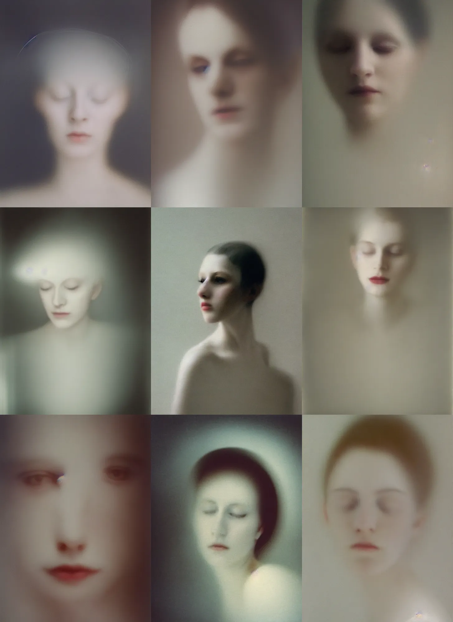 Prompt: out of focus photorealistic portrait of a beautiful pale young woman by sarah moon, visualized on a cathodic screen, very blurry, translucent white skin, closed eyes, foggy, closeup
