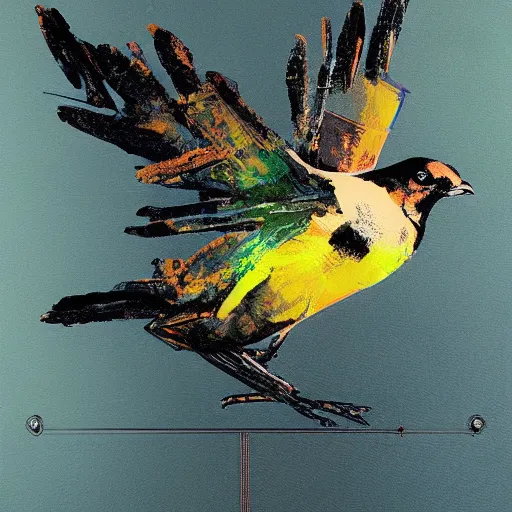 Image similar to a neon-winged mechanical austral thrush, the background is the kernel of a virtual world, oil on canvas by Yoji Shinkawa and Stina Persson