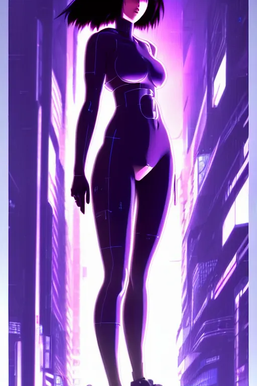 Image similar to a still fullbody portrait of motoko kusanagi ghost in the shell, finely detailed features, closeup at the faces, perfect art, at a cyberpunk city, gapmoe yandere grimdark, trending on pixiv fanbox, by ilya kuvshinov, rossdraws, artgerm