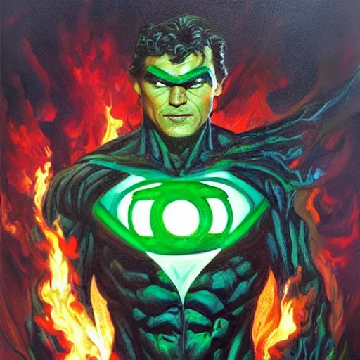Prompt: detailed portrait of timothy chalemet as green lantern demon on fire intricate, hyper detailed, realistic, oil painting, by julie bell, frank frazetta, cinematic lighting
