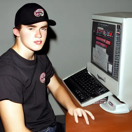 Prompt: 21 year old Jimmy John’s manager with a round head, pale skin and brown curly hair is wearing a black baseball cap and tapping a computer screen on the wall