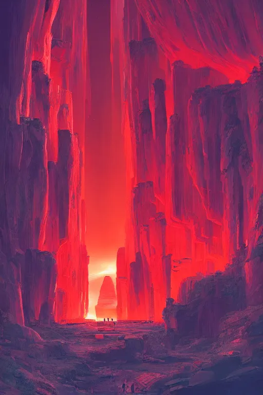 Image similar to red glowing temple designed by zaha hadid in a canyon, shooting stars, dramatic lighting, artstation, matte painting, ralph mcquarrie, simon stalenhag