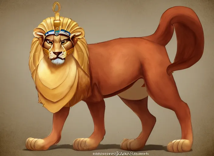 Image similar to fullbody egyptian lion character design of a disney egyptian lion. egyptian lion deviantart adoptable, style of maple story and zootopia, disney portrait studio lighting by jessica rossier and brian froud in the style of disney, traditional artstation