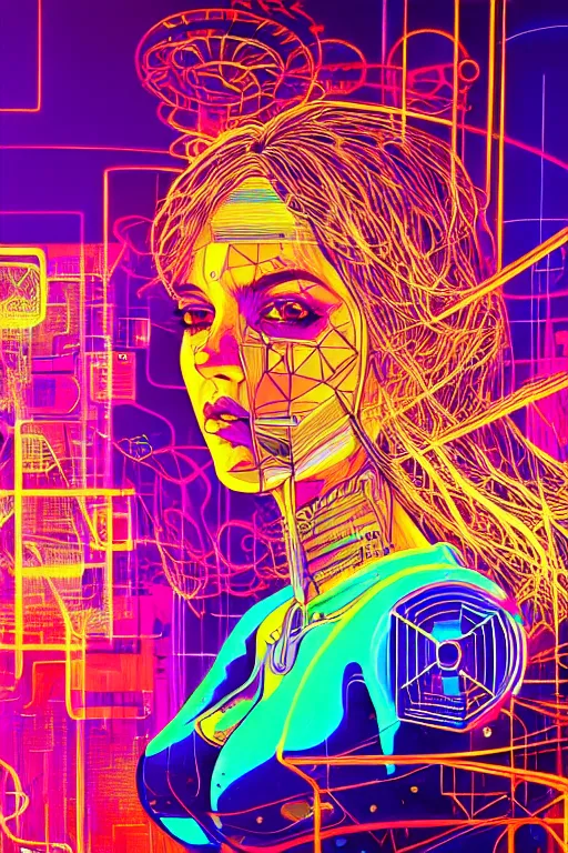 Image similar to dreamy cyberpunk girl, abstract smoke neon, digital nodes, computer network, beautiful woman, detailed acrylic, grunge, intricate complexity, by dan mumford and by alberto giacometti, robert rauschenberg