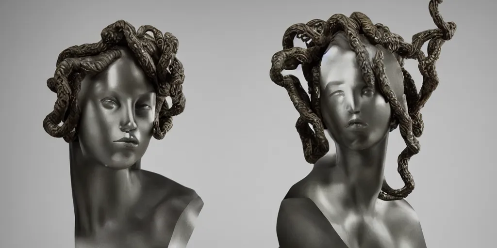 Image similar to modern sculpture, young woman as medusa, multiple poses, androgynous