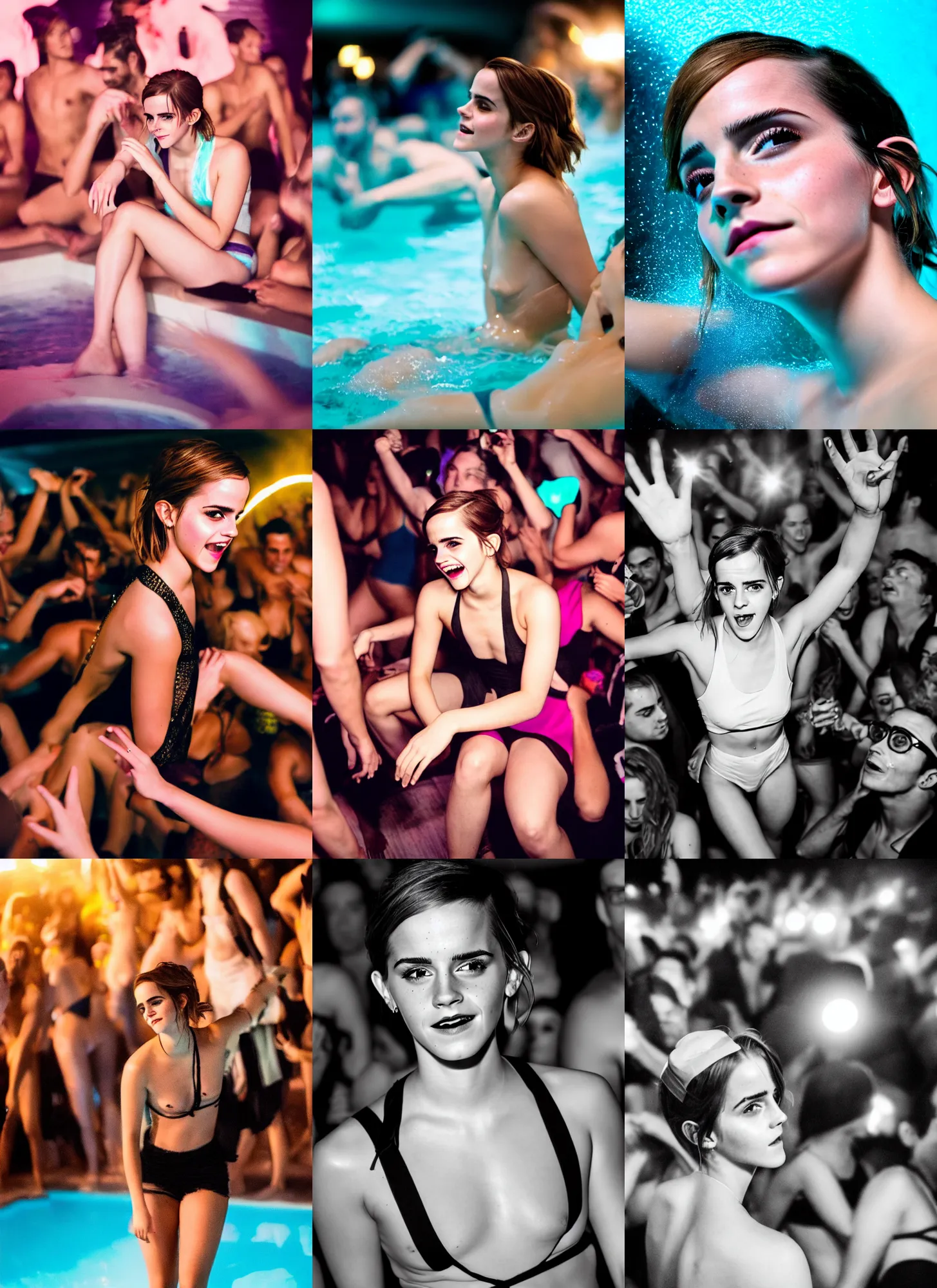 Prompt: a photo of emma watson super drunk having fun being the center of attention in a crowded pool party in a modern indoors pool with cyberpunk illumination at night. sensual photo. canon eos r 3, f / 1. 4, iso 2 0 0, 1 / 1 6 0 s, 8 k, raw, unedited, symmetrical balance, in - frame