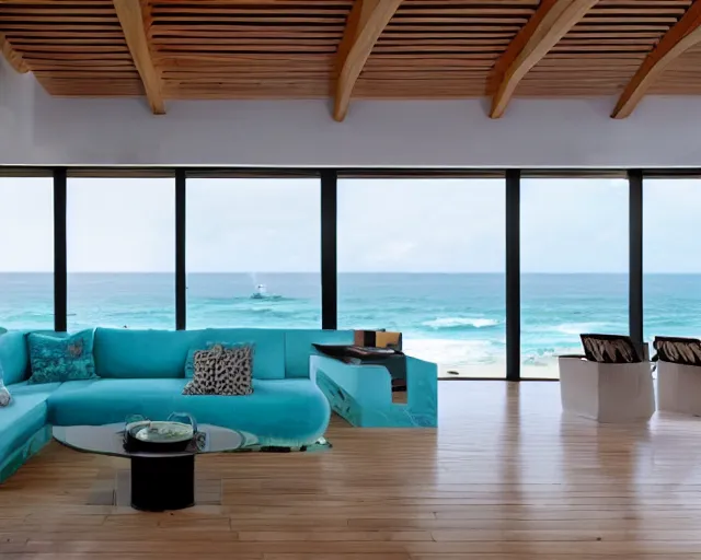 Image similar to A modern living room in a ocean hues style, inspired by the ocean, big Terrace overlooking the ocean, luxurious wooden coffee table, calm, relaxed style, harmony, wide angle shot, 8k resolution