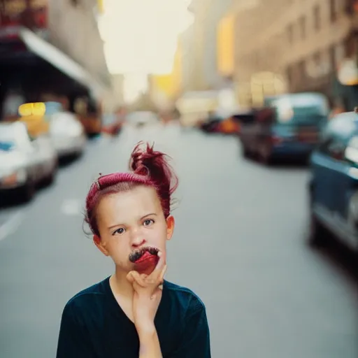 Prompt: kodak portra 8 0 0, film grain, ricoh, street photography, manhattan corner shop, girl portrait, tongue out, youth, evening light,