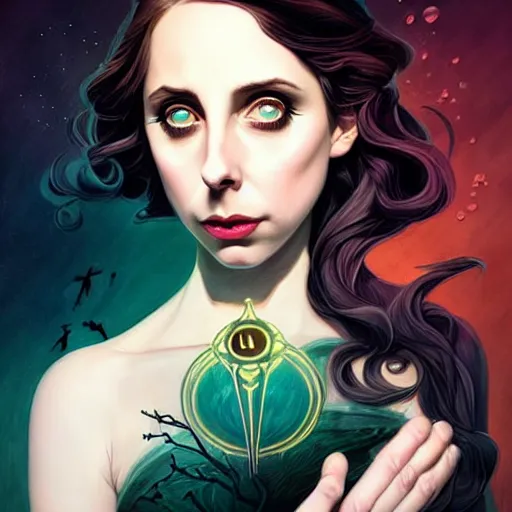 Image similar to in the style of joshua middleton, beautiful alison brie magician, black magic spells, creepy pose, bioshock, spooky, symmetrical face symmetrical eyes, three point lighting, detailed realistic eyes, aquapunk, insanely detailed and intricate elegant, artgerm, underwater home