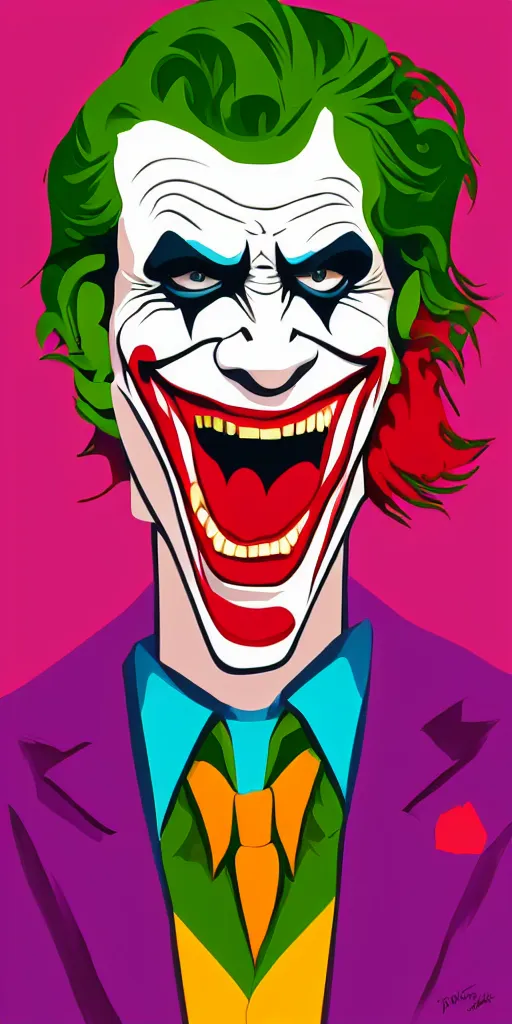 Prompt: the joker. illustration. multicolored. by tom whalen.