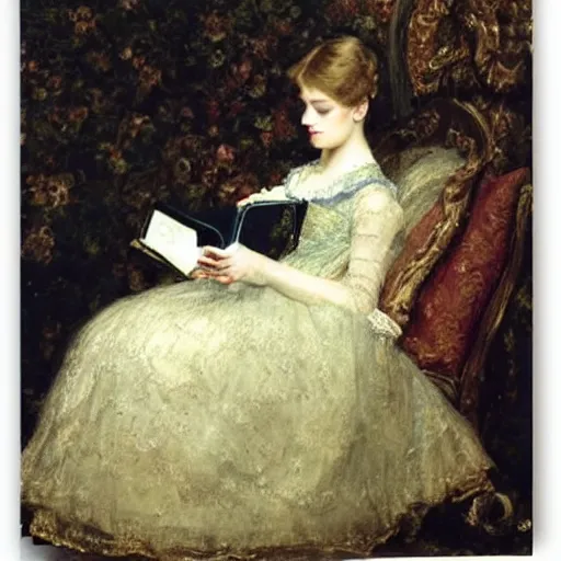 Image similar to young victorian lady in ball gown falling asleep while reading a book, painted by alfred stevens