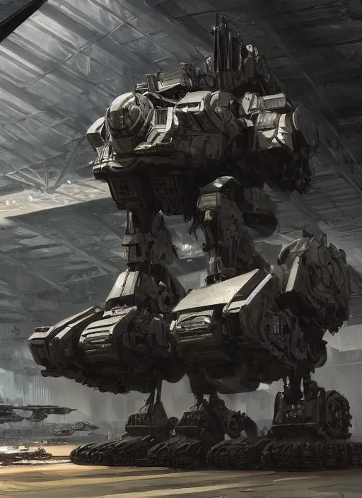 Image similar to mecha tank in a hangar, dramatic lighting, cinematic, establishing shot, extremely high detail, foto realistic, cinematic lighting, post processed, concept art, artstation, matte painting, style by eddie mendoza, raphael lacoste, alex ross