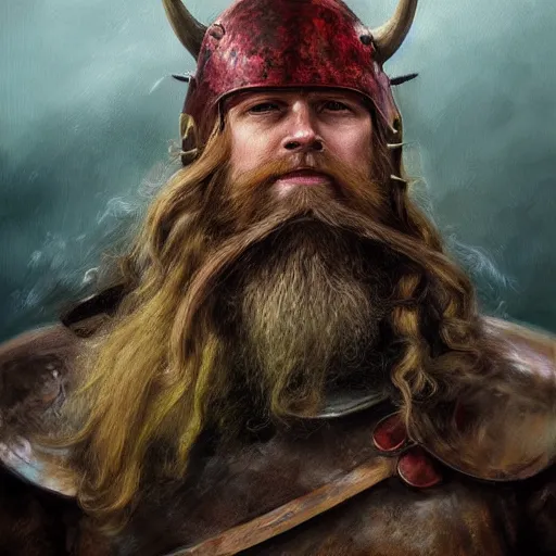 Image similar to photorealistic painting of Viking captain, helmet with horns, red long beard, long dark blonde curly hairs, green eyes Viking armor, background rough sea, elegant, painting, style of ruan jia, trending on artwork station, digital painting, sharp focus