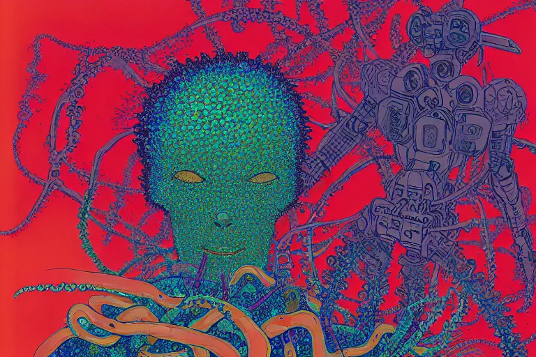 Image similar to risograph grainy drawing vintage sci - fi, satoshi kon color palette, gigantic gundam full - body covered in iridescent dead coral reef 1 9 6 0, kodak, with lot tentacles, natural colors, codex seraphinianus painting by moebius and satoshi kon and dirk dzimirsky close - up portrait