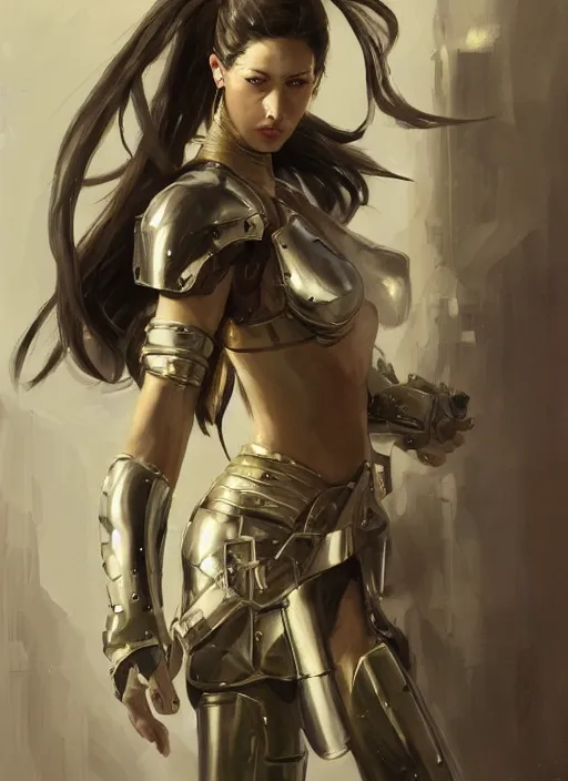Image similar to a professionally painting of an attractive young female, partially dressed in battle armor, olive skin, long dark hair, beautiful bone structure, perfectly proportioned, symmetrical facial features, intricate, elegant, heroic pose, digital painting, concept art, smooth, sharp focus, finely detailed, beautifully framed, from Metal Gear, by Ruan Jia and Mandy Jurgens and William-Adolphe Bouguerea